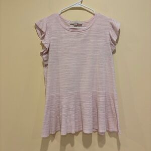 LOFT Light Pink Knit Ruffle Sleeve Flare Hem Top Size L